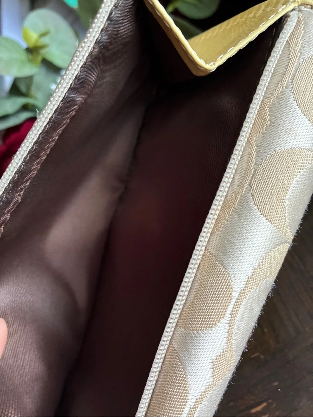 Coach Beige and Cream Signature Continental Wallet with Gold Accent